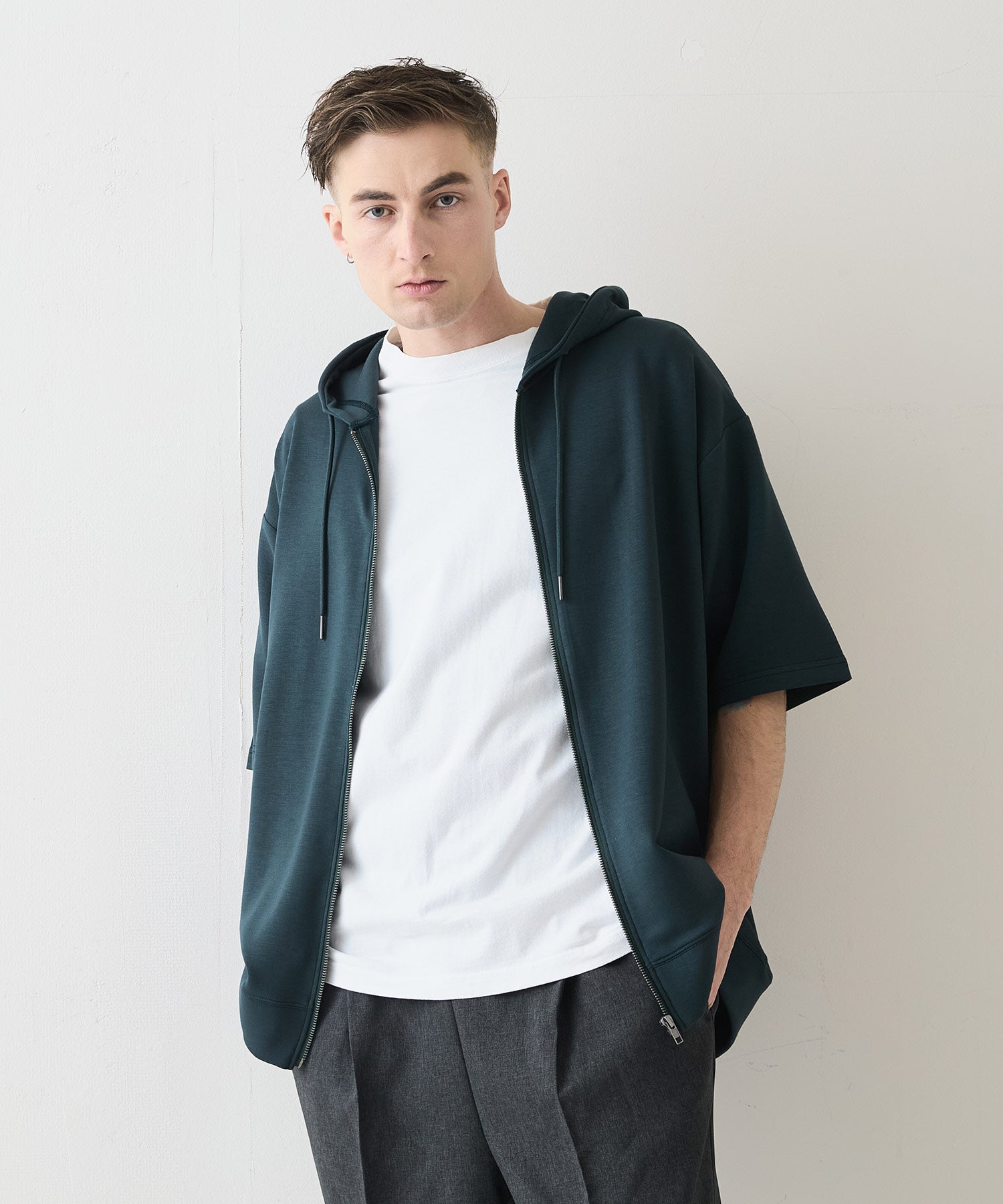 接触冷感 COOLスムース フェイクレイヤード リラックス フィット  Tパーカー BLUE STANDARD