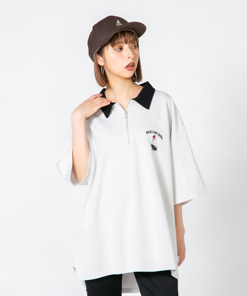 【UNIIT×RED CAP GIRL】冷感 ポンチ 半袖 ハーフジップ ポロ ワンポイント胸刺繍  とろみポンチ