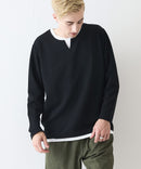 【Blue Standard/ブルースタンダード】ドライリップル フェイクレイヤード キーネックロンT カットソー 吸水速乾 ストレッチ イージーケア さらさら快適 晩夏初秋