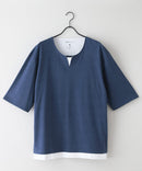 ZEROSTAIN フェイクレイヤード ビッグシルエット キーネック クルーネック Tシャツ 汗染みの目立ちにくいTシャツ 防汚 UVカット ZERO STAIN