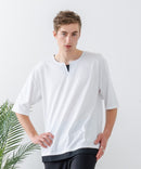 ZEROSTAIN フェイクレイヤード ビッグシルエット キーネック クルーネック Tシャツ 汗染みの目立ちにくいTシャツ 防汚 UVカット ZERO STAIN