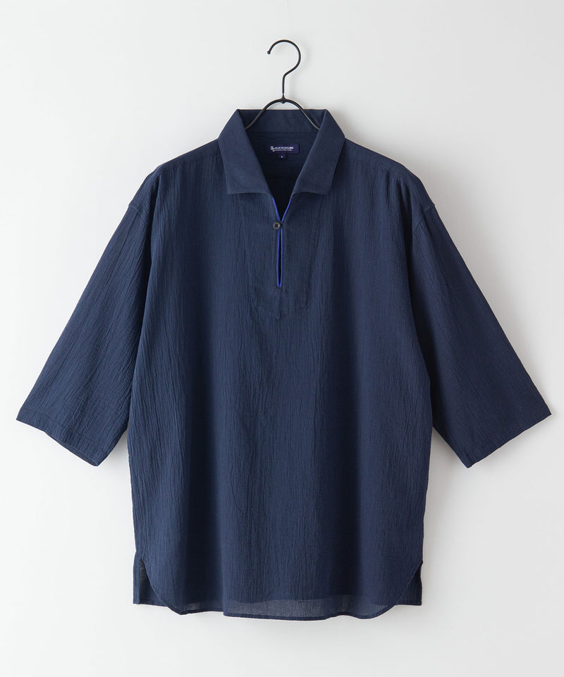 夏の シャリシャツ 強撚 7分袖 スキッパーシャツ