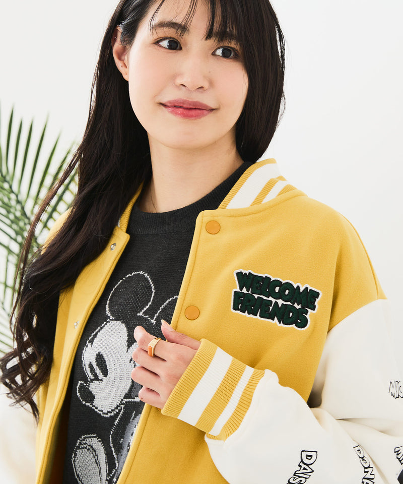 【Disney/ディズニー】MICKEY MOUSE/ミッキーマウス 袖切替 ワッペン刺繍 フリース スタジャン