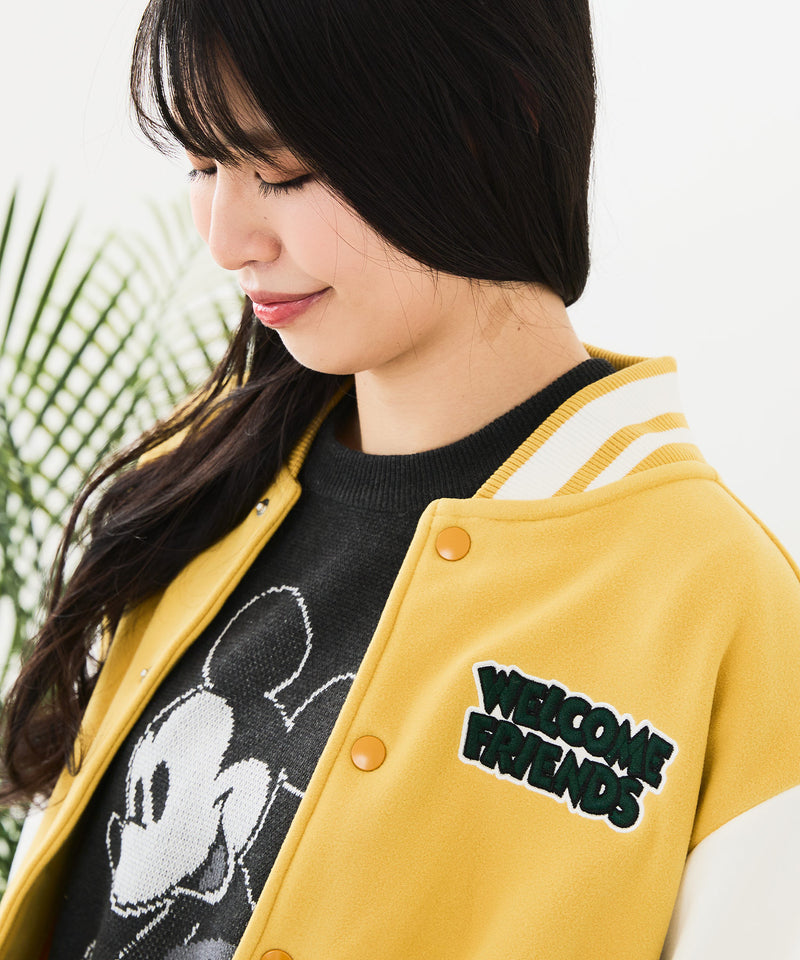 【Disney/ディズニー】MICKEY MOUSE/ミッキーマウス 袖切替 ワッペン刺繍 フリース スタジャン