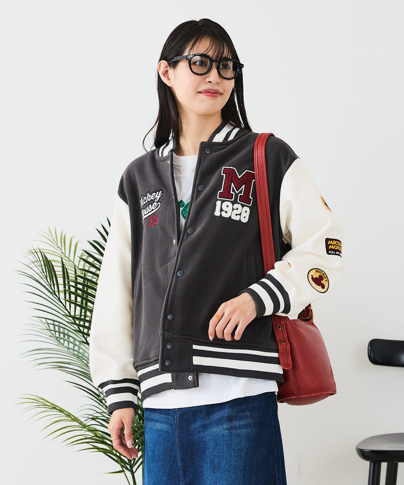 【Disney/ディズニー】MICKEY MOUSE/ミッキーマウス 袖切替 ワッペン刺繍 フリース スタジャン