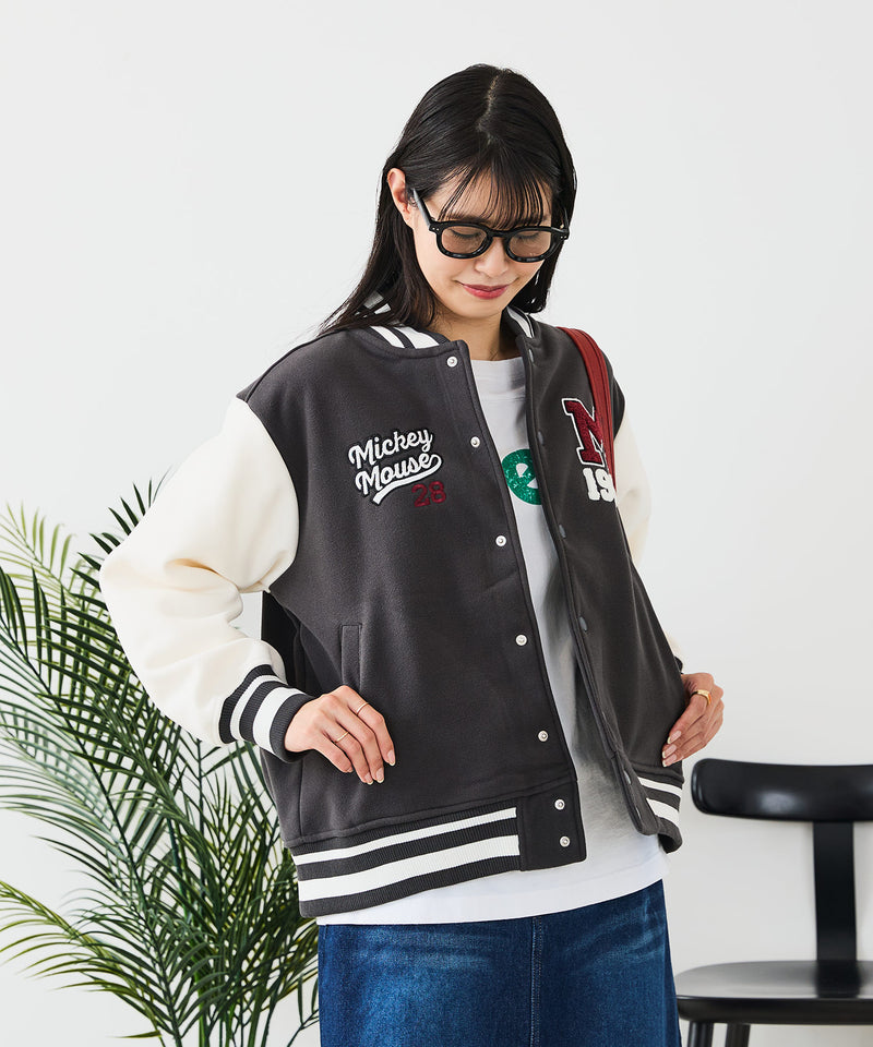 【Disney/ディズニー】MICKEY MOUSE/ミッキーマウス 袖切替 ワッペン刺繍 フリース スタジャン