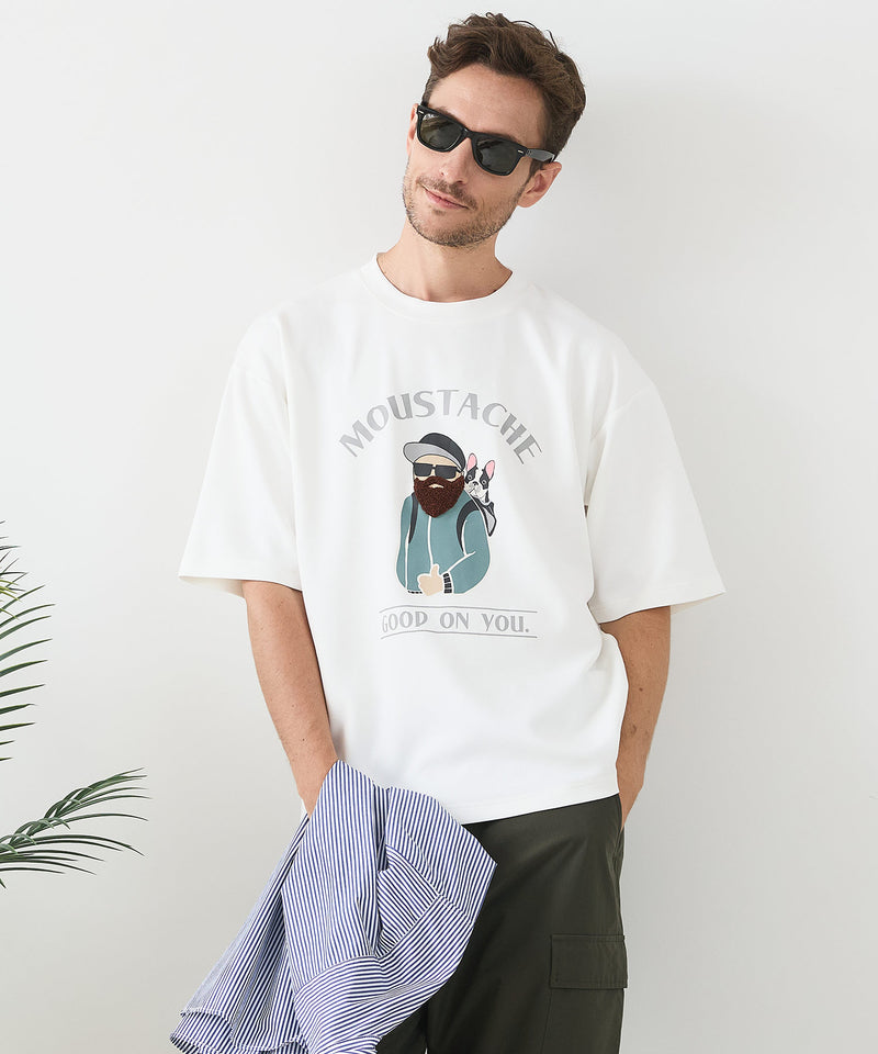 接触冷感 COOLスムース 部分刺繍 プリント リラックスシルエットTシャツ【Blue Standard/ブルースタンダード】