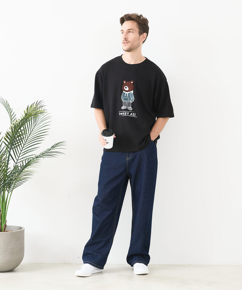 接触冷感 COOLスムース 部分刺繍 プリント リラックスシルエットTシャツ【Blue Standard/ブルースタンダード】