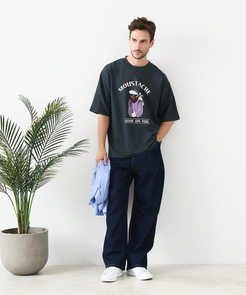 接触冷感 COOLスムース 部分刺繍 プリント リラックスシルエットTシャツ【Blue Standard/ブルースタンダード】