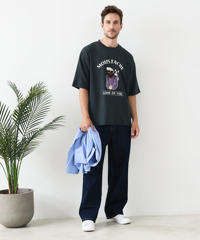 接触冷感 COOLスムース 部分刺繍 プリント リラックスシルエットTシャツ【Blue Standard/ブルースタンダード】