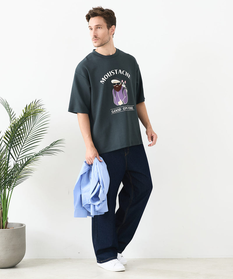接触冷感 COOLスムース 部分刺繍 プリント リラックスシルエットTシャツ【Blue Standard/ブルースタンダード】