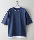 【汗染みの目立ちにくいTシャツ ZEROSTAIN/ゼロステイン】フェイクレイヤード ビッグシルエット キーネック クルーネック Tシャツ 防汚 ＵＶカット ブルーB柄 ❘ジーンズメイト公式オンラインショップ