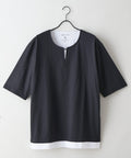 【汗染みの目立ちにくいTシャツ ZEROSTAIN/ゼロステイン】フェイクレイヤード ビッグシルエット キーネック クルーネック Tシャツ 防汚 ＵＶカット ブラックA柄 ❘ジーンズメイト公式オンラインショップ