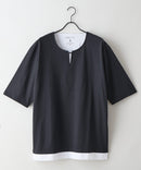 【汗染みの目立ちにくいTシャツ ZEROSTAIN/ゼロステイン】フェイクレイヤード ビッグシルエット キーネック クルーネック Tシャツ 防汚 ＵＶカット ブラックA柄 ❘ジーンズメイト公式オンラインショップ