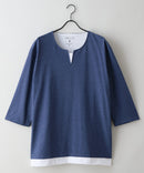 【汗染みの目立ちにくいTシャツ ZEROSTAIN/ゼロステイン】フェイクレイヤード ビッグシルエット キーネック クルーネック 7分袖Tシャツ 防汚 ＵＶカット ブルーA柄 ❘ジーンズメイト公式オンラインショップ