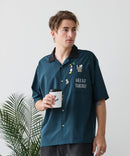 【BLUE STANDARD/ブルースタンダード】【吸水速乾＆UVカット】襟配色 胸刺繍シャツ オープンカラー ストレッチ 胸ポケットアニマル刺繍 ペンギン トラ ネコ
