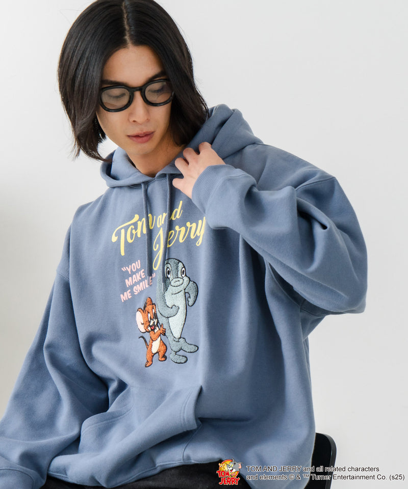 【TOM and JERRY/トムとジェリー】オリジナルデザイン 刺繍 プルオーバーパーカー フーディー ジェリー タフィー サカナ ドロップショルダー ビッグシルエット