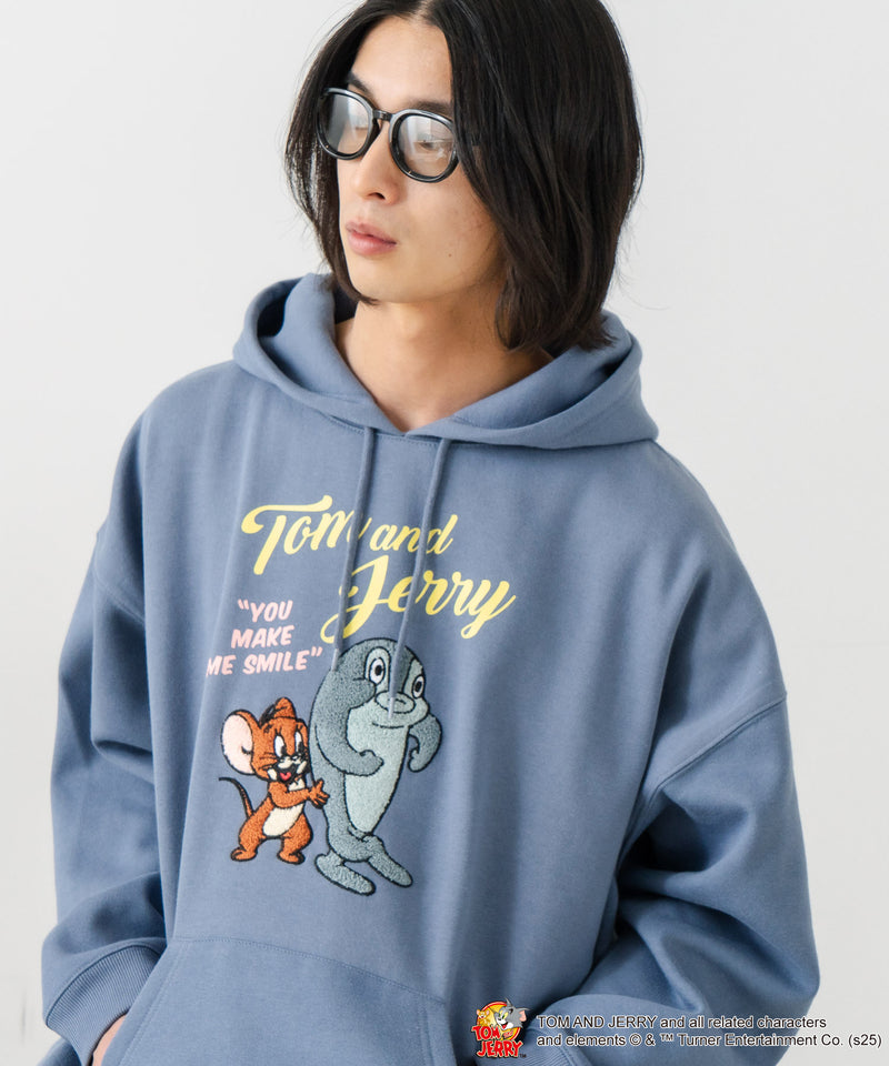【TOM and JERRY/トムとジェリー】オリジナルデザイン 刺繍 プルオーバーパーカー フーディー ジェリー タフィー サカナ ドロップショルダー ビッグシルエット
