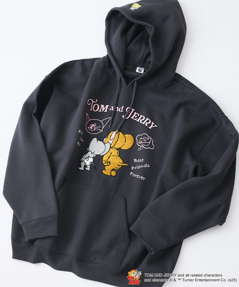 【TOM and JERRY/トムとジェリー】オリジナルデザイン 刺繍 プルオーバーパーカー フーディー ジェリー タフィー サカナ ドロップショルダー ビッグシルエット