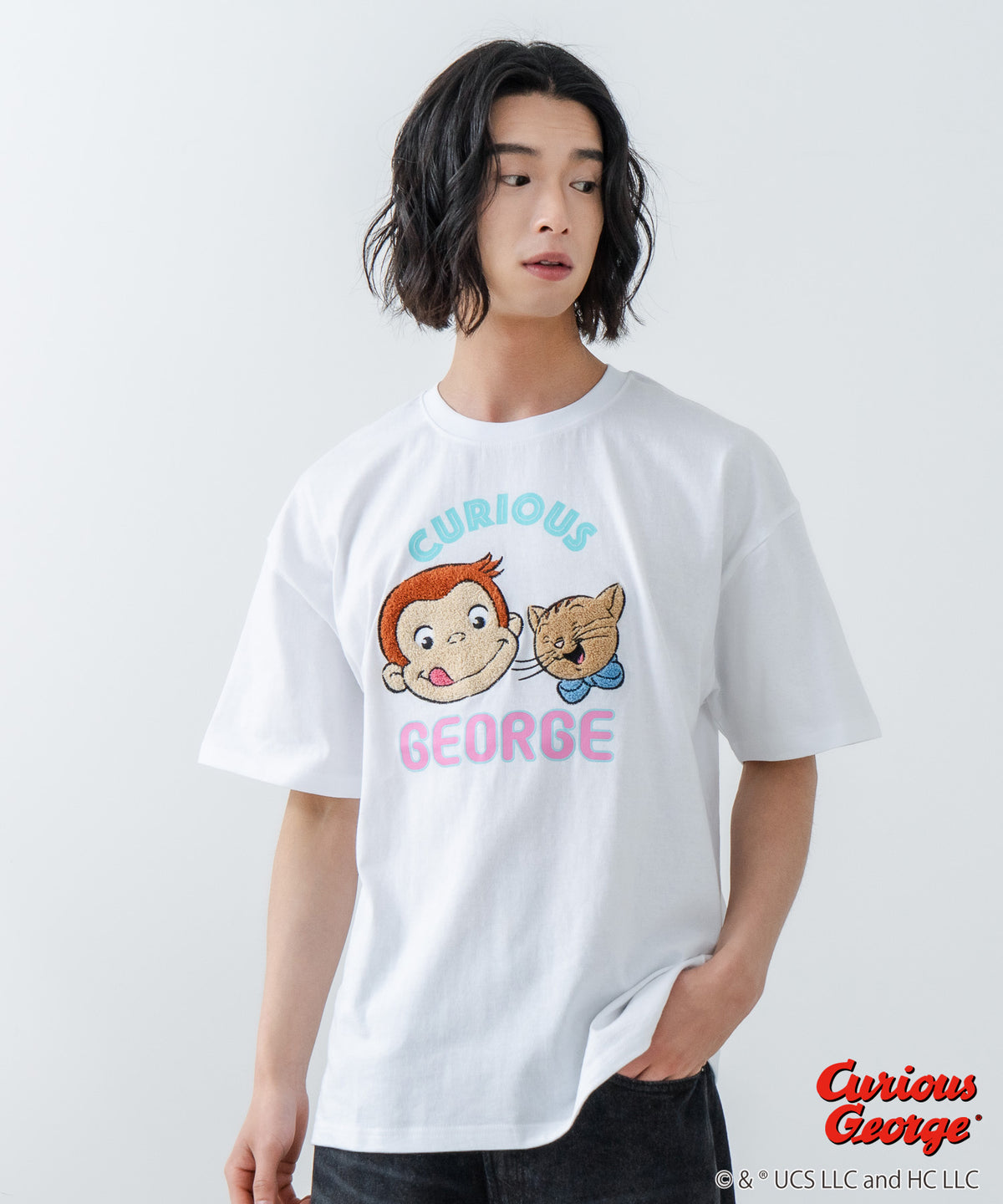 tシャツ 「おさるのジョージ」ハート 刺繍Tシャツ／ビッグシルエットTシャツ レディース FREAK'S STORE｜「おさるのジョージ」ハート 刺繍Tシャツ/ビッグ