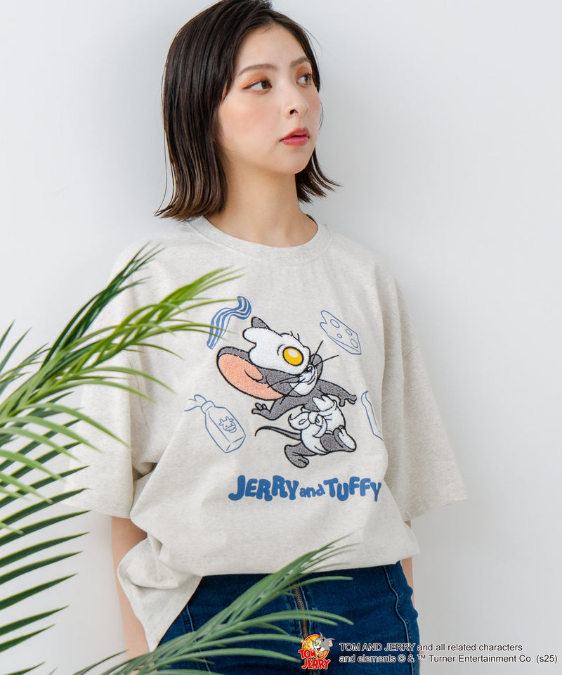 新柄追加！！【TOM AND JERRY/トムとジェリー】オリジナルデザイン 刺繍 Tシャツ ジェリー タフィー ドロップショルダー ビッグシルエット ユニセックス キャラクター