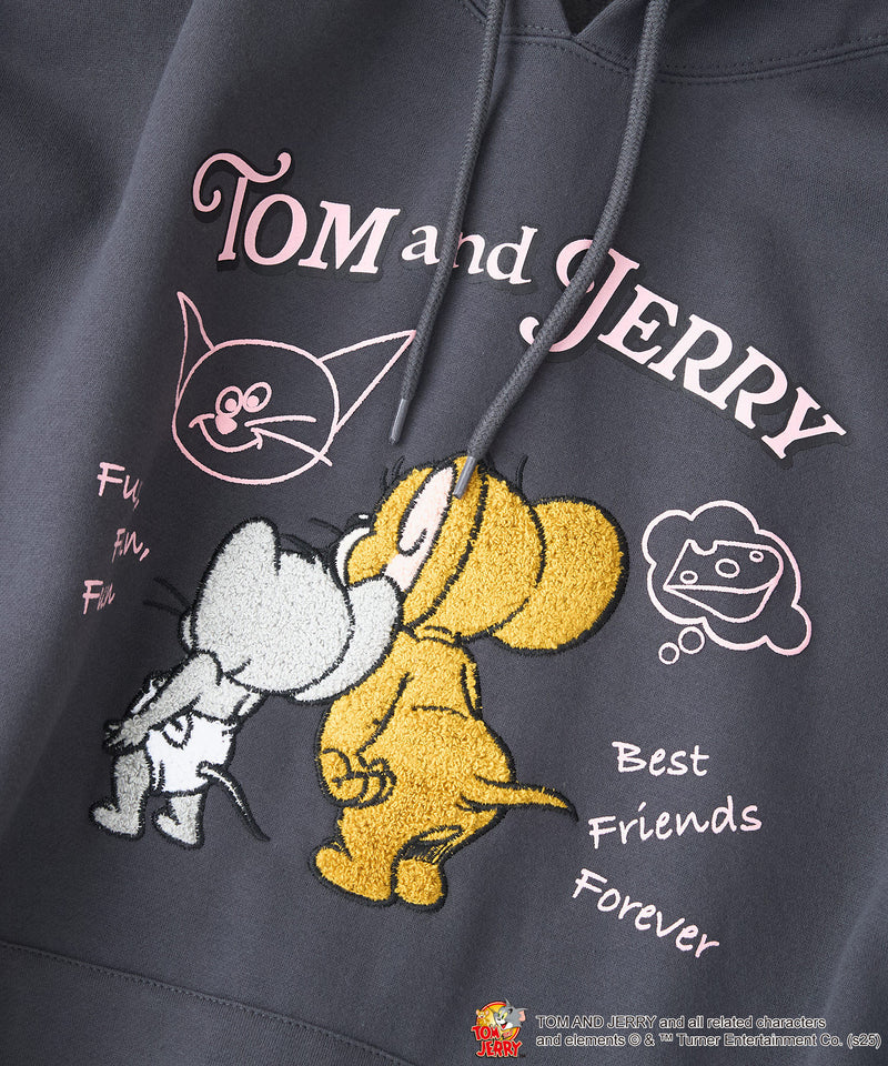 【TOM and JERRY/トムとジェリー】オリジナルデザイン 刺繍 プルオーバーパーカー フーディー ジェリー タフィー サカナ ドロップショルダー ビッグシルエット