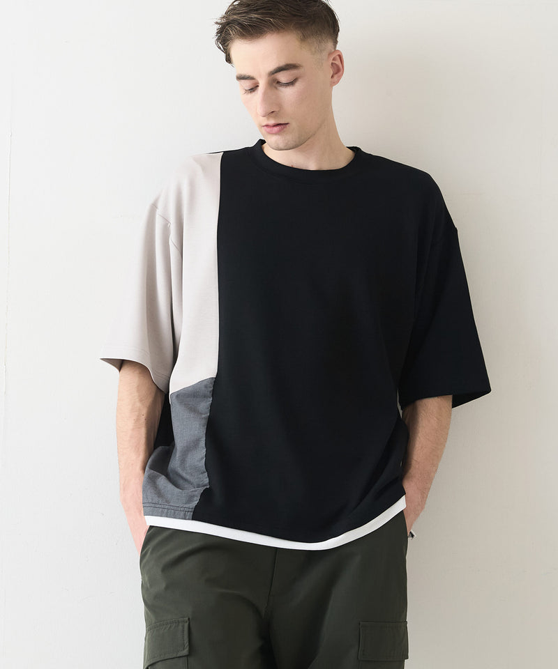 【Blue Standard/ブルースタンダード】接触冷感 COOLスムース フェイクレイヤード リラックスフィット切り替えデザインTシャツ