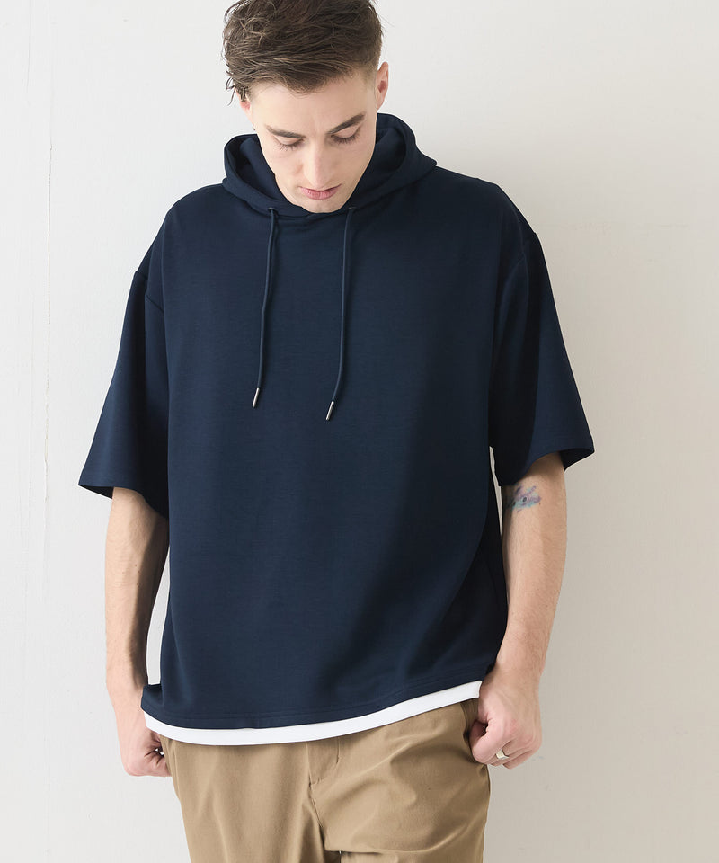 接触冷感 COOLスムース フェイクレイヤード リラックス フィット  Tパーカー BLUE STANDARD