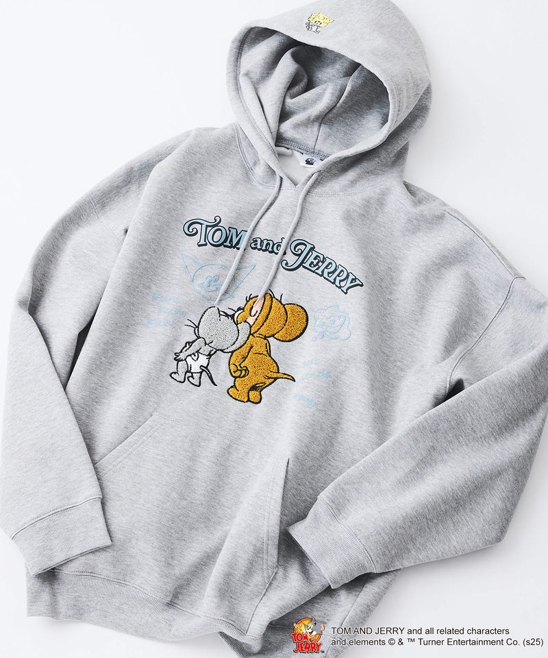 【TOM and JERRY/トムとジェリー】オリジナルデザイン 刺繍 プルオーバーパーカー フーディー ジェリー タフィー サカナ ドロップショルダー ビッグシルエット