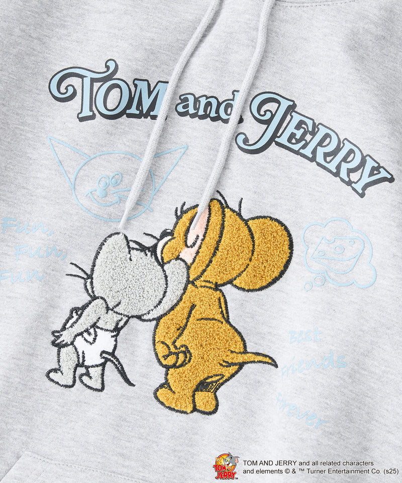 【TOM and JERRY/トムとジェリー】オリジナルデザイン 刺繍 プルオーバーパーカー フーディー ジェリー タフィー サカナ ドロップショルダー ビッグシルエット