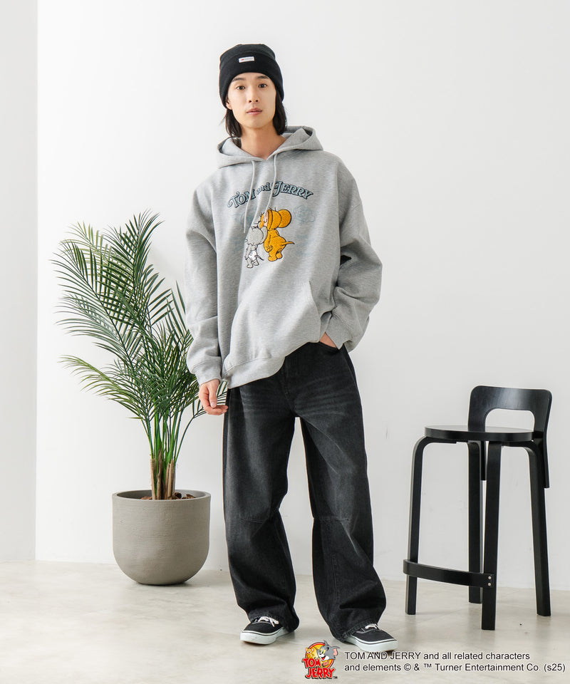 【TOM and JERRY/トムとジェリー】オリジナルデザイン 刺繍 プルオーバーパーカー フーディー ジェリー タフィー サカナ ドロップショルダー ビッグシルエット