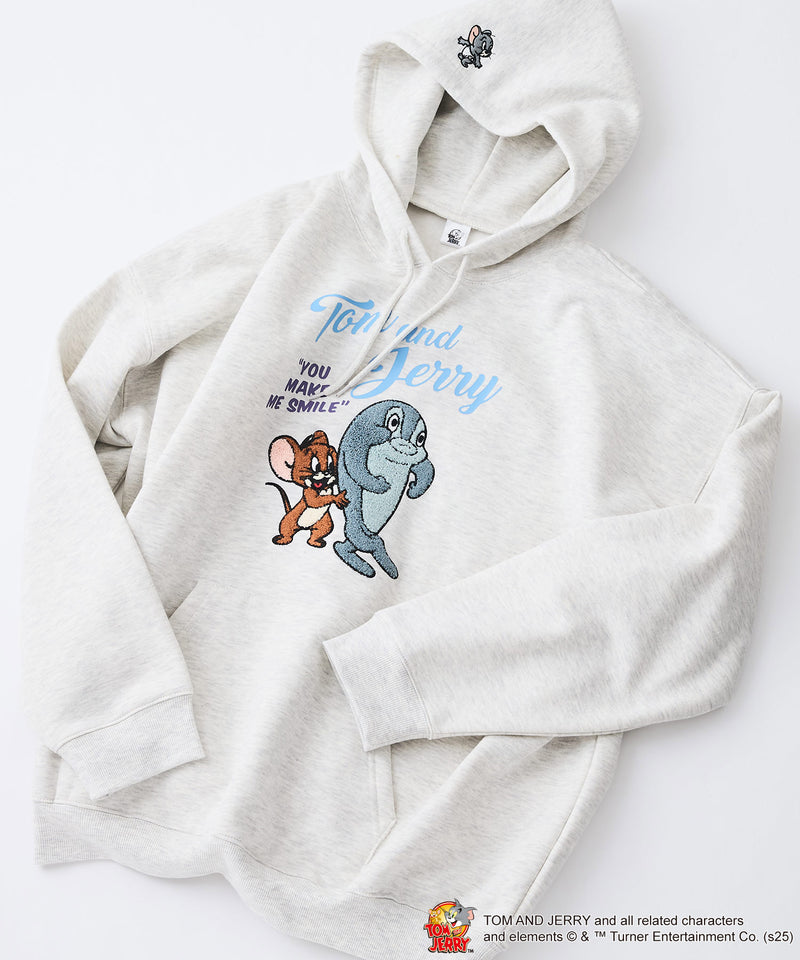 【TOM and JERRY/トムとジェリー】オリジナルデザイン 刺繍 プルオーバーパーカー フーディー ジェリー タフィー サカナ ドロップショルダー ビッグシルエット