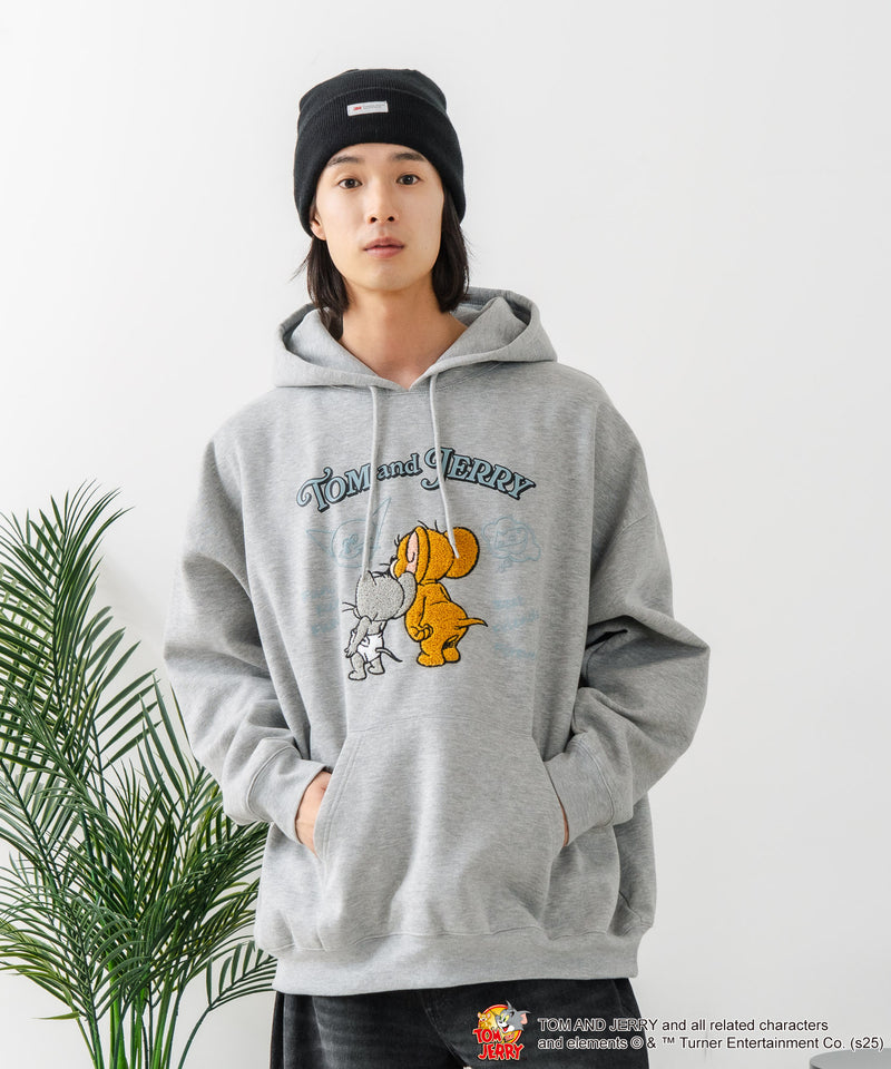 【TOM and JERRY/トムとジェリー】オリジナルデザイン 刺繍 プルオーバーパーカー フーディー ジェリー タフィー サカナ ドロップショルダー ビッグシルエット