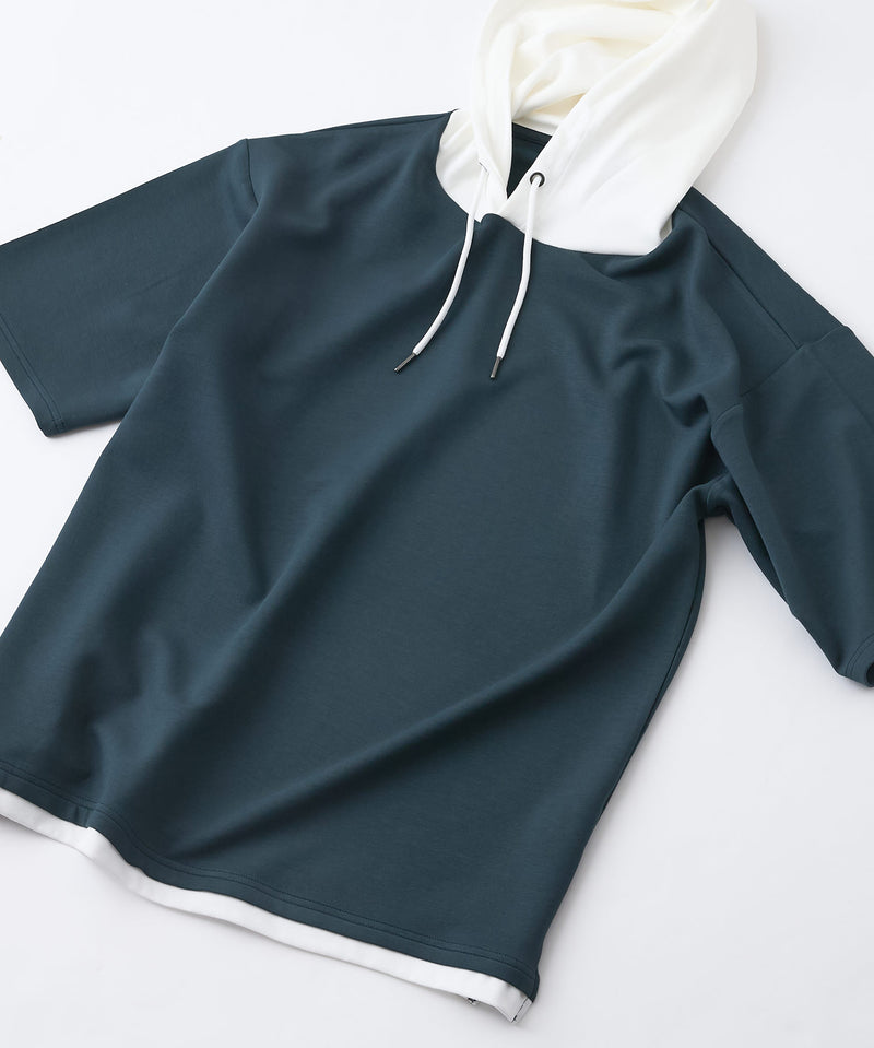 接触冷感 COOLスムース フェイクレイヤード リラックス フィット  Tパーカー BLUE STANDARD