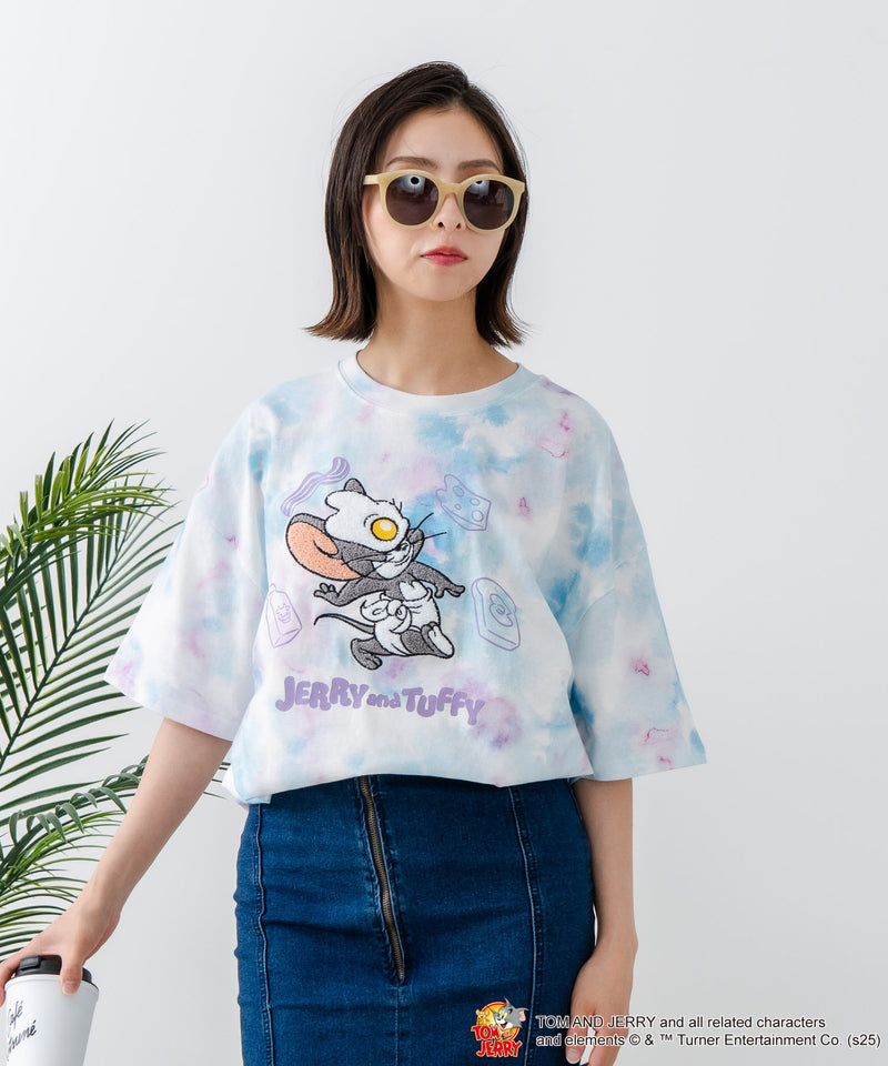 新柄追加！！【TOM AND JERRY/トムとジェリー】オリジナルデザイン 刺繍 Tシャツ ジェリー タフィー ドロップショルダー ビッグシルエット ユニセックス キャラクター