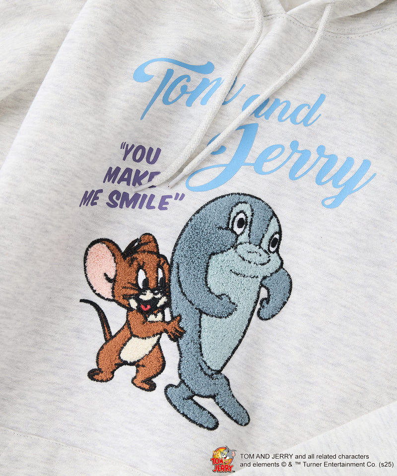 【TOM and JERRY/トムとジェリー】オリジナルデザイン 刺繍 プルオーバーパーカー フーディー ジェリー タフィー サカナ ドロップショルダー ビッグシルエット