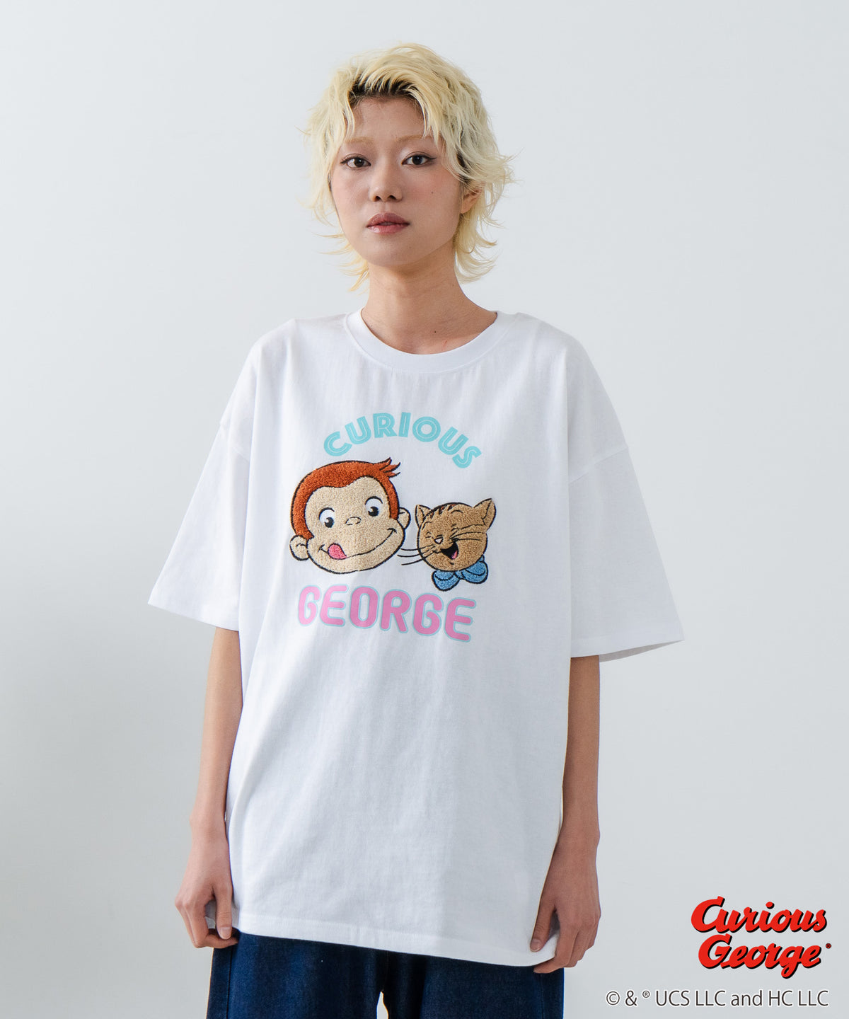 tシャツ 「おさるのジョージ」ハート 刺繍Tシャツ／ビッグシルエットTシャツ レディース FREAK'S STORE｜「おさるのジョージ」ハート 刺繍Tシャツ/ビッグ
