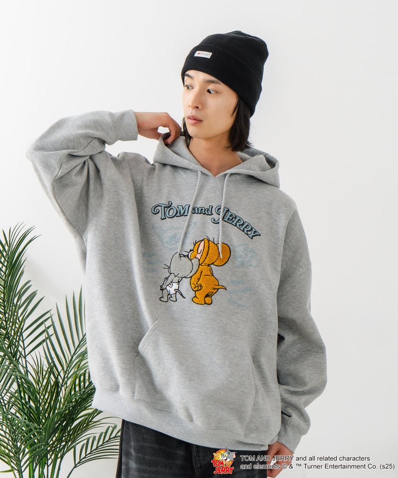 【TOM and JERRY/トムとジェリー】オリジナルデザイン 刺繍 プルオーバーパーカー フーディー ジェリー タフィー サカナ ドロップショルダー ビッグシルエット