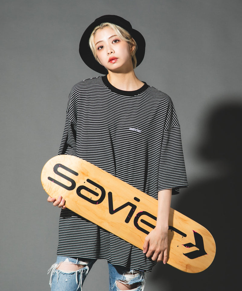 【SAVIER/サビアー】ワンポイントロゴ ボーダー半袖Tシャツ オーバーサイズ UVカット