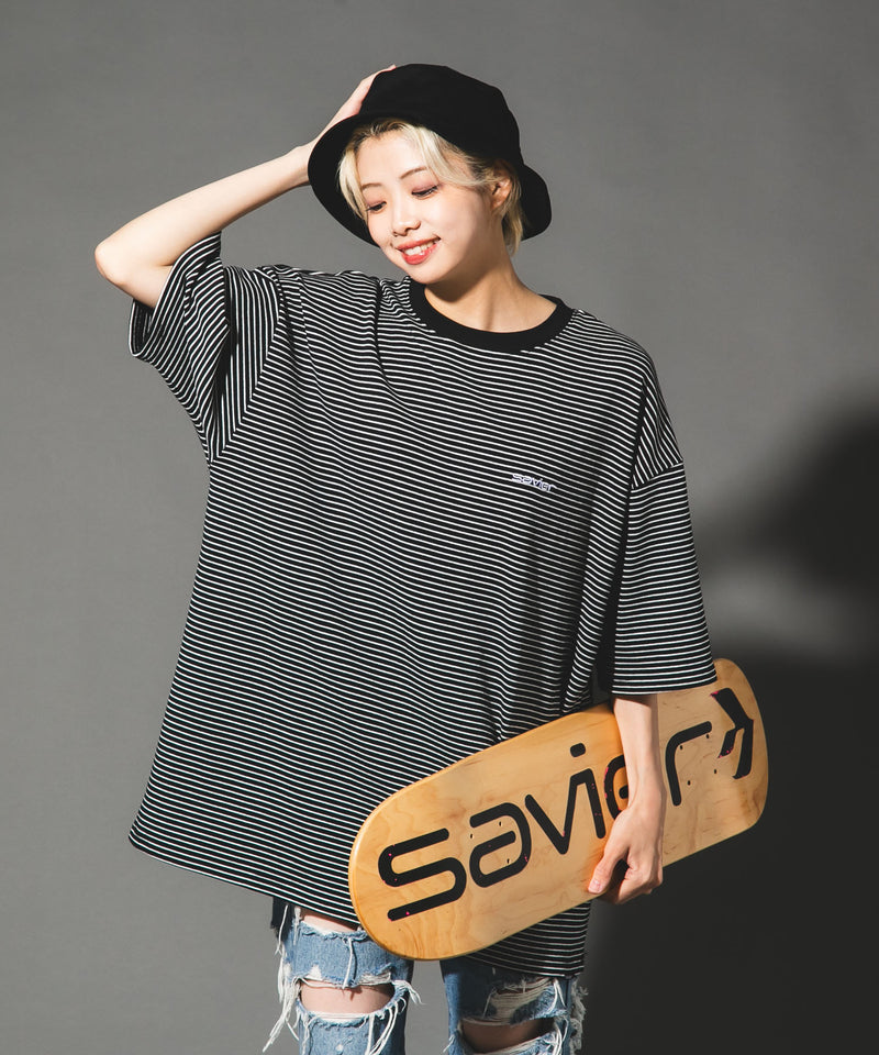 【SAVIER/サビアー】ワンポイントロゴ ボーダー半袖Tシャツ オーバーサイズ UVカット