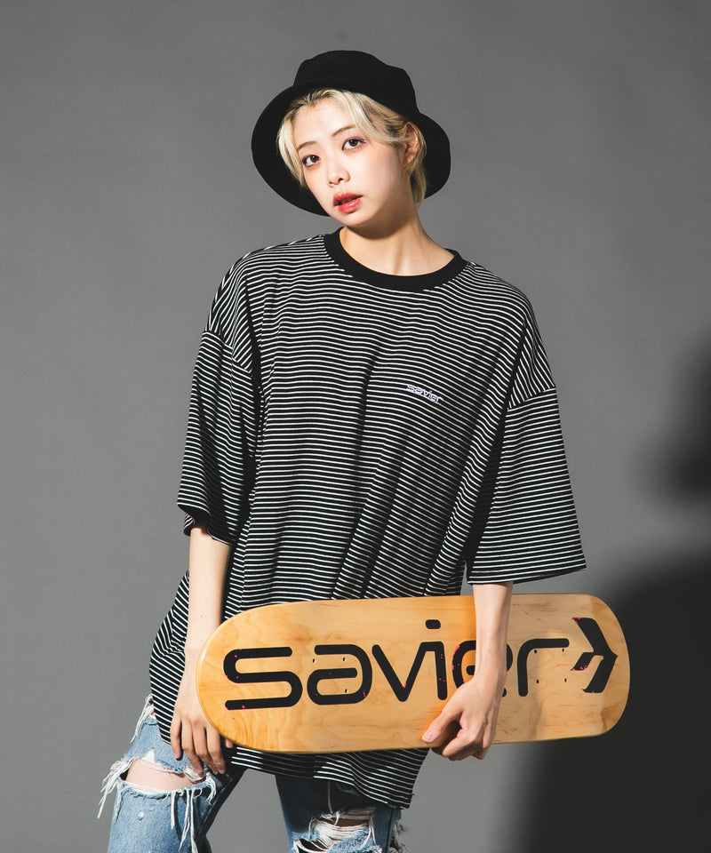 【SAVIER/サビアー】ワンポイントロゴ ボーダー半袖Tシャツ オーバーサイズ UVカット