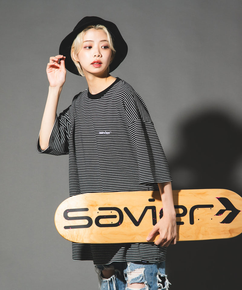 【SAVIER/サビアー】ワンポイントロゴ ボーダー半袖Tシャツ オーバーサイズ UVカット