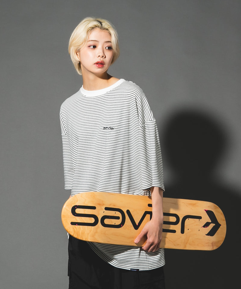 【SAVIER/サビアー】ワンポイントロゴ ボーダー半袖Tシャツ オーバーサイズ UVカット