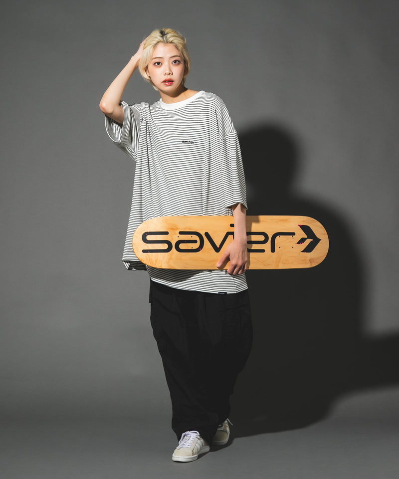 【SAVIER/サビアー】ワンポイントロゴ ボーダー半袖Tシャツ オーバーサイズ UVカット