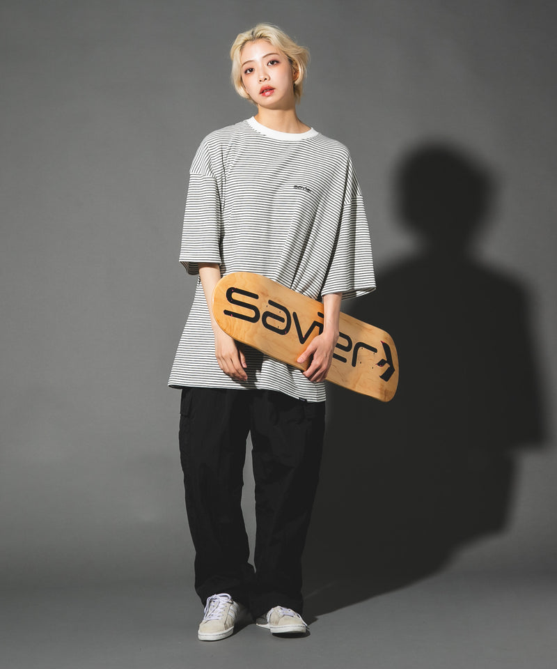 【SAVIER/サビアー】ワンポイントロゴ ボーダー半袖Tシャツ オーバーサイズ UVカット