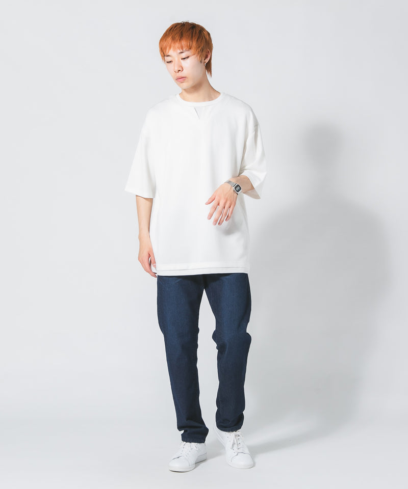 COOLスムース ダンボール フェイクレイヤード キーネック Tシャツ 接触冷感 DRY ストレッチ