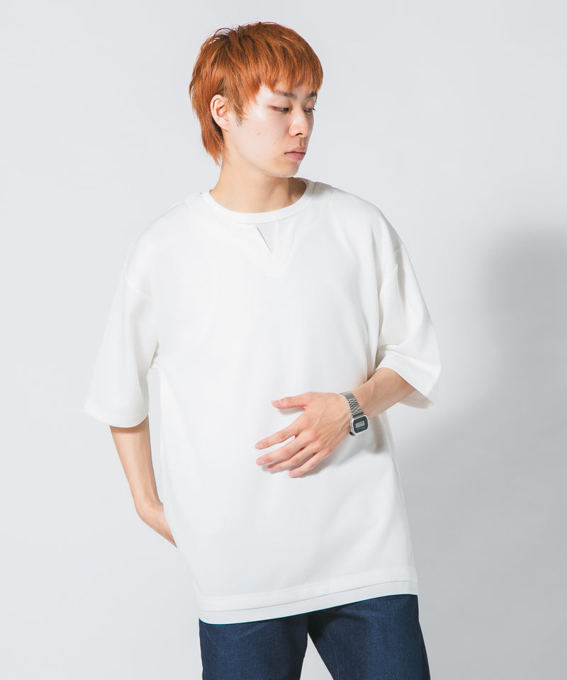 COOLスムース ダンボール フェイクレイヤード キーネック Tシャツ 接触冷感 DRY ストレッチ