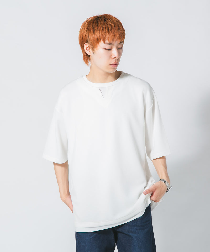 COOLスムース ダンボール フェイクレイヤード キーネック Tシャツ 接触冷感 DRY ストレッチ