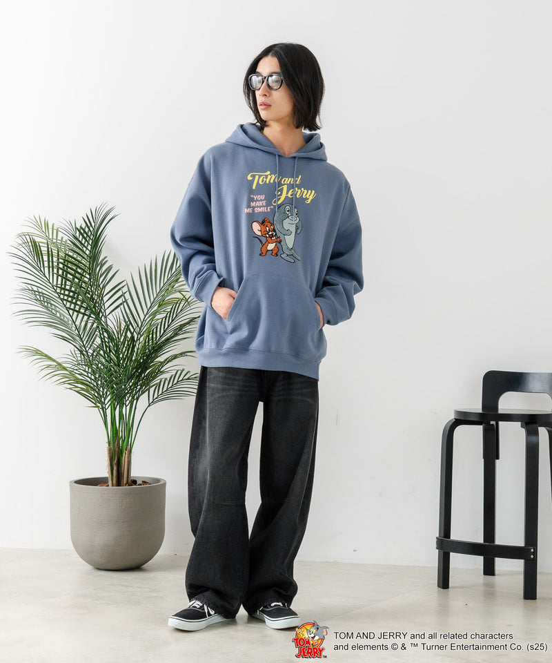 【TOM and JERRY/トムとジェリー】オリジナルデザイン 刺繍 プルオーバーパーカー フーディー ジェリー タフィー サカナ ドロップショルダー ビッグシルエット