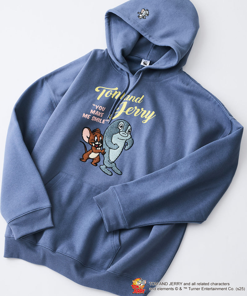 【TOM and JERRY/トムとジェリー】オリジナルデザイン 刺繍 プルオーバーパーカー フーディー ジェリー タフィー サカナ ドロップショルダー ビッグシルエット